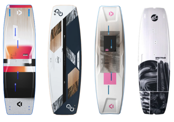 4 kiteboards met verschillende soorten outlines. 